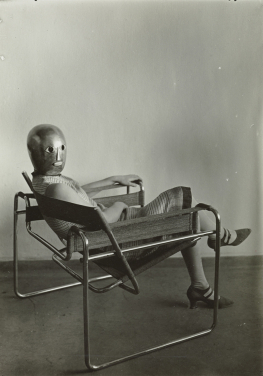 Woman in club chair (model B3) 
Erich Consemüller
(Lis Beyer or Ise Gropius seated in the chair)
Marcel Breuer designed
Mask by Oskar Schlemmer, dress by Lis Beyer
© Stephan Consemüller; Klassik Stiftung Weimar, Donation Wulf Herzogenrath, Berlin