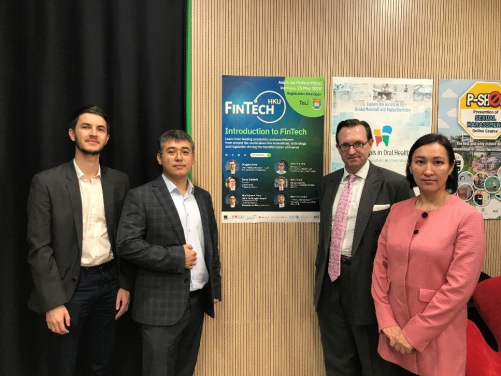 (From left) Artem Sergeev, Postgraduate Student, HKU Faculty of Law, Kuanysh Abhesev, AlmaU, Professor Douglas Arner, Kerry Holdings Professor of Law, HKU and Assel Nurgazina, Director of International Office, AlmaU