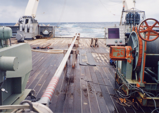 This image, taken in 1996, shows the sediment core sampling process in the Southern Ocean. The samples collected during this process were used in the research.  Photo credit: Minoru Ikehara.