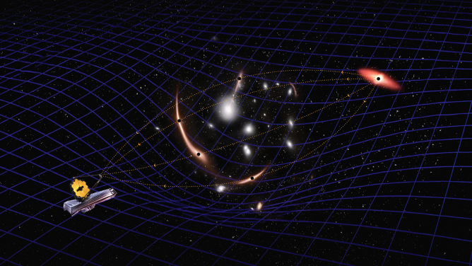 藝術想像圖:詹姆斯·韋伯太空望遠鏡（JWST）與引力透鏡的放大效應，使研究團隊得以測量早期宇宙中一個休眠黑洞的質量。圖片提供：Navid Marvi／卡內基科學研究所